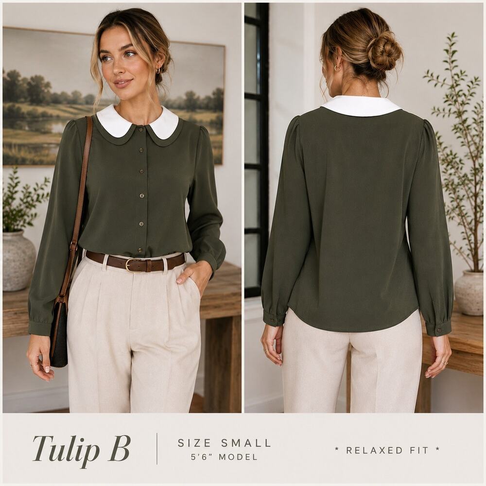 Tulip B Small Army Green Peter Pan Collar Long Sleeve Blouse